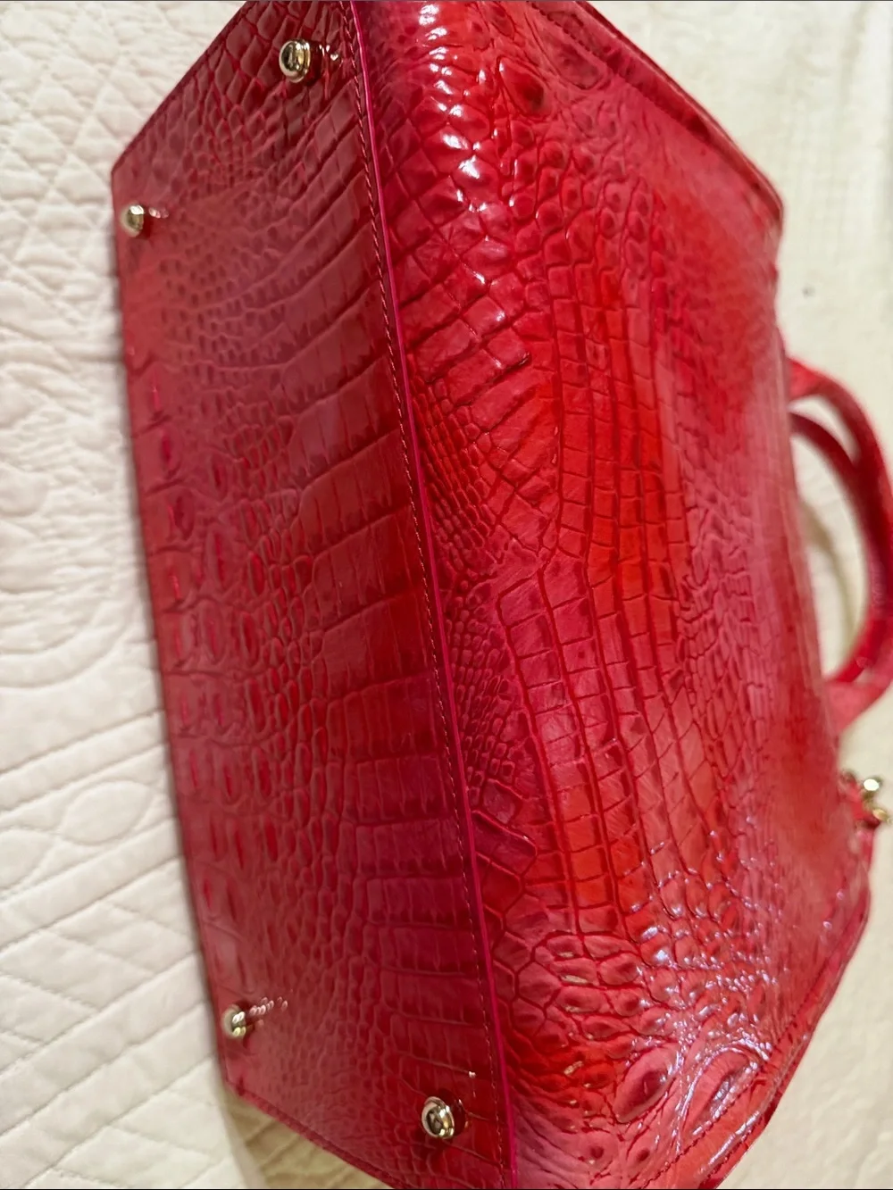Brahmin Bright Orange/Pink Croc Embossed Leather Satchel w/ Shoulder Strap